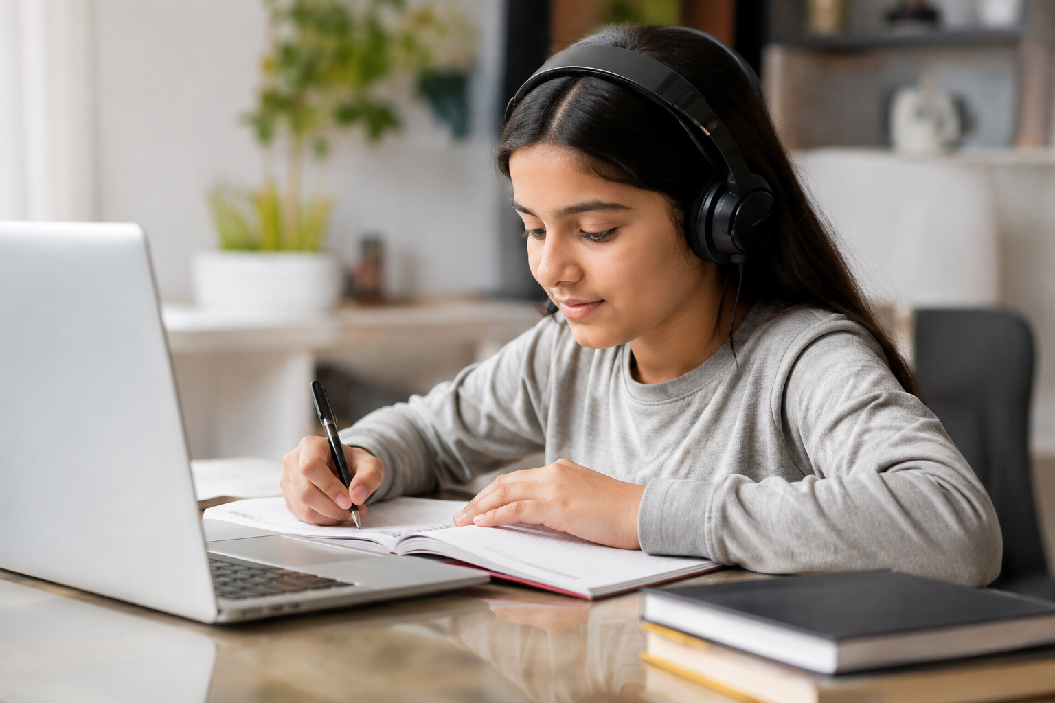 Student attending online class with headphones