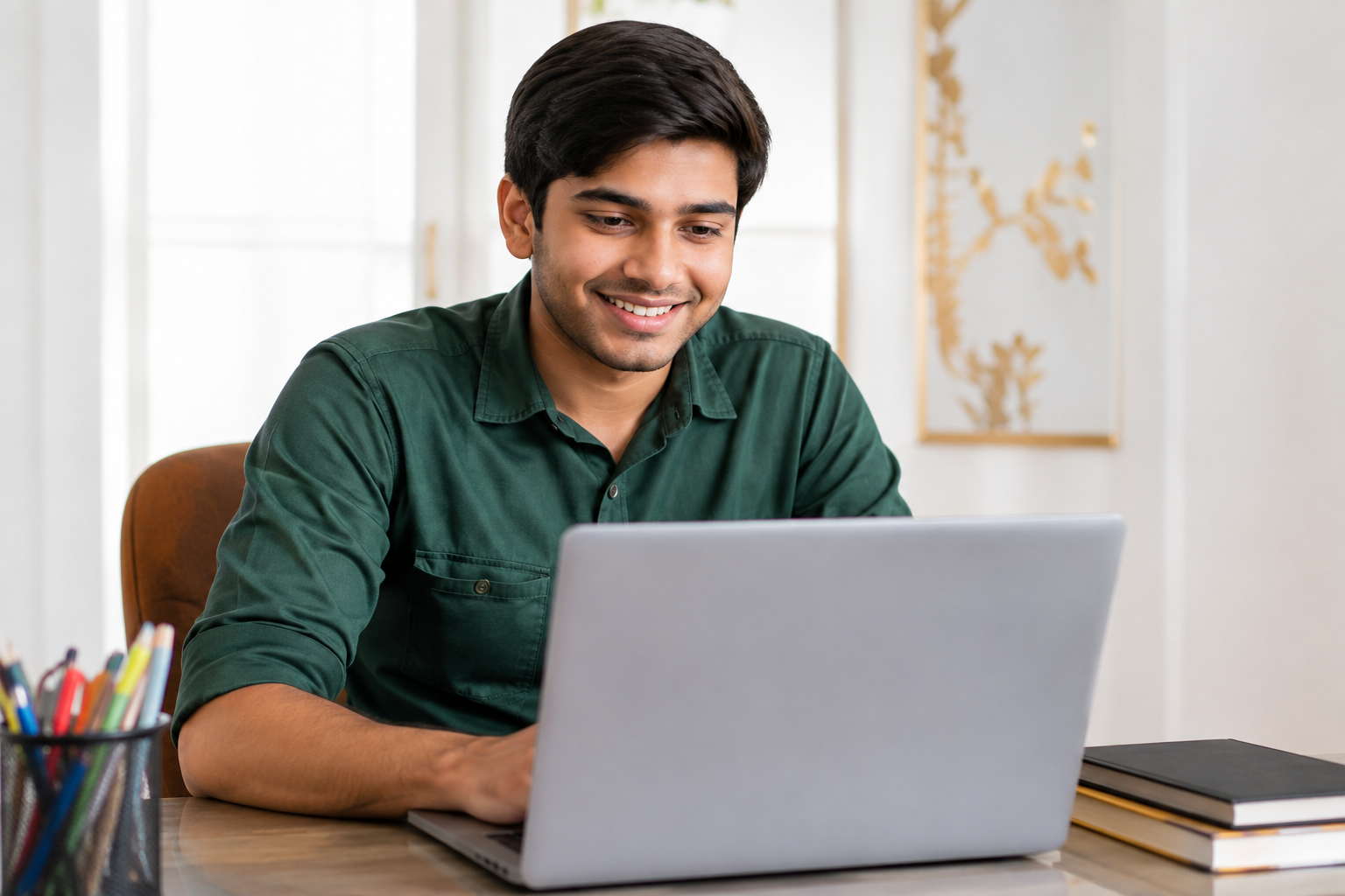 Student smiling while using laptop
