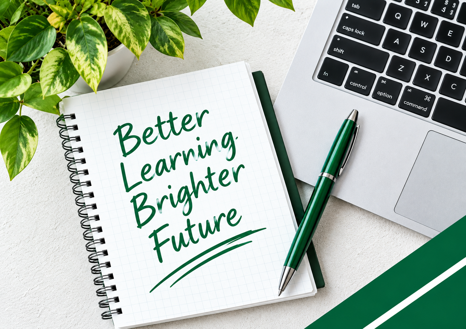 Notebook with pen reading Better Learning Brighter Future