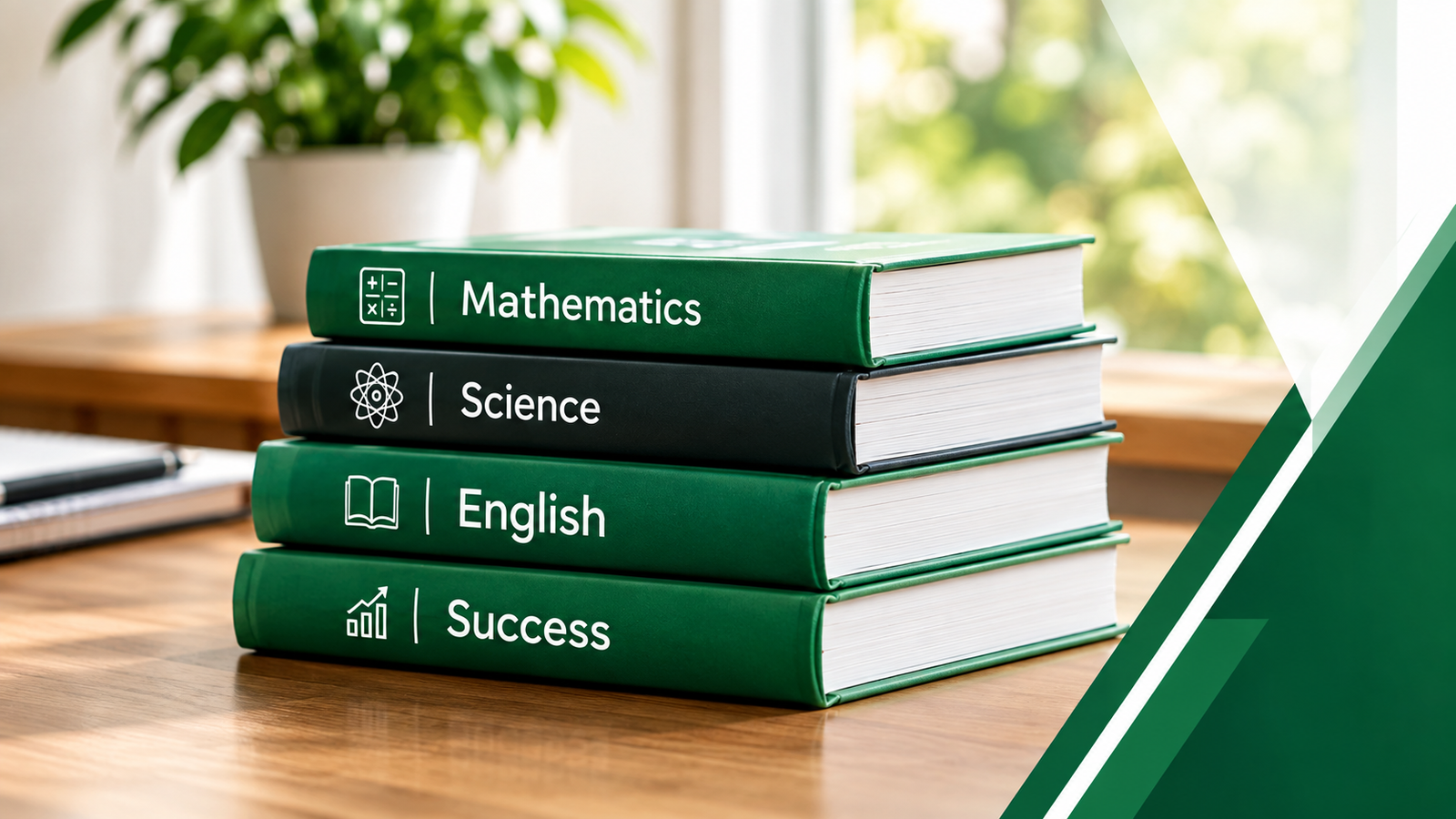 Stack of Mathematics, Science, English and Success books on a desk