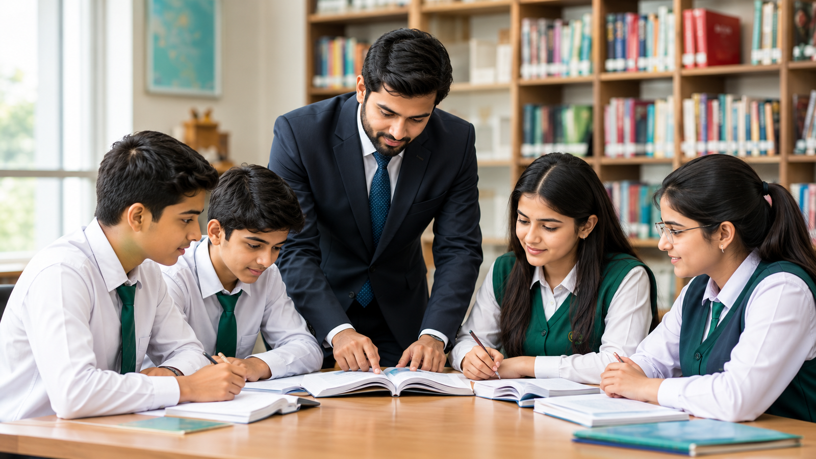 Teacher guiding students in a library