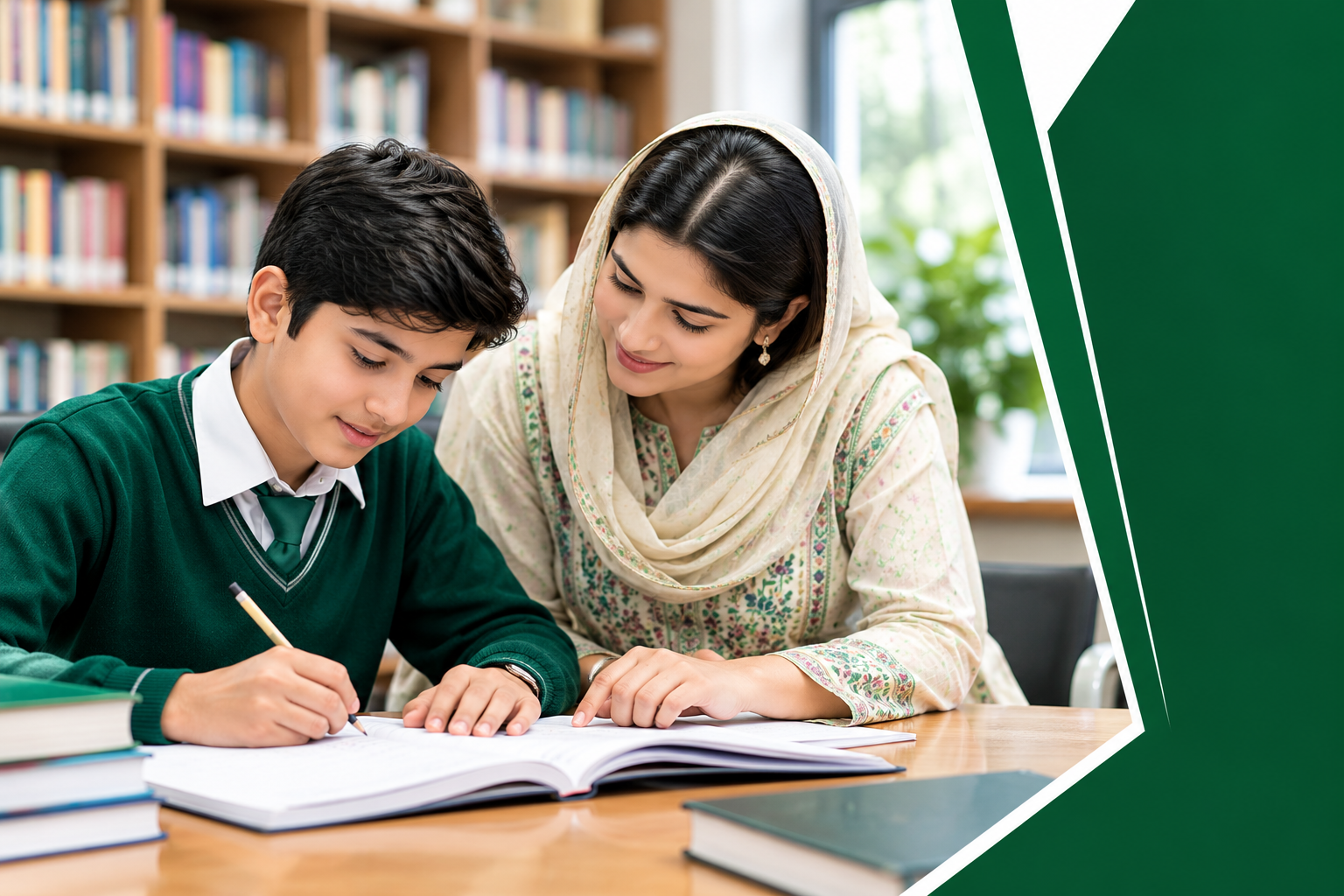Mother helping son with studies