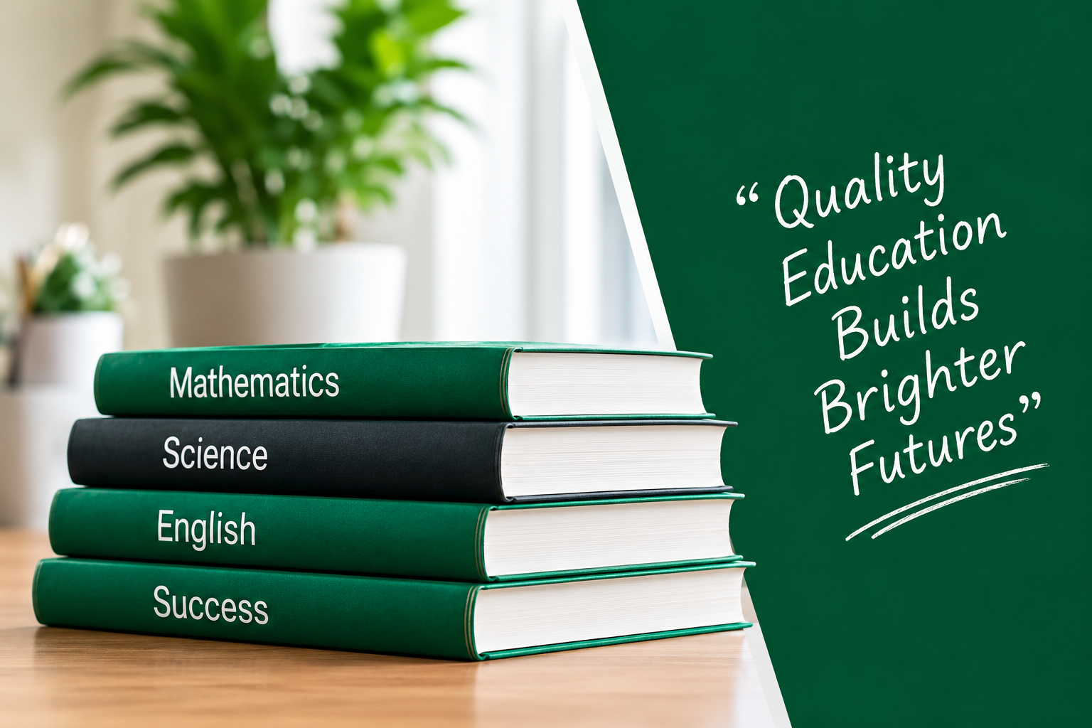 Stack of books labeled Mathematics, Science, English, Success